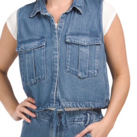 YFB NWT Hank Denim Tie Waist Sleeveless Breast Pockets Button Close Top large - Picture 3 of 13